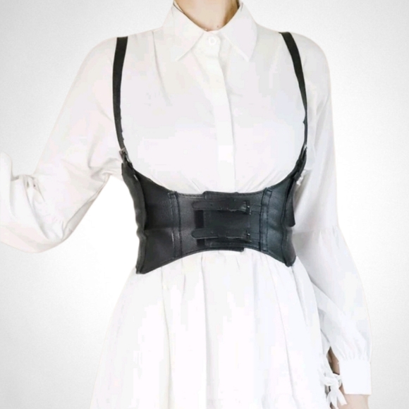 Womens Corset black vegan leather harness buckle suspenders steampunk waist belt - Picture 4 of 17